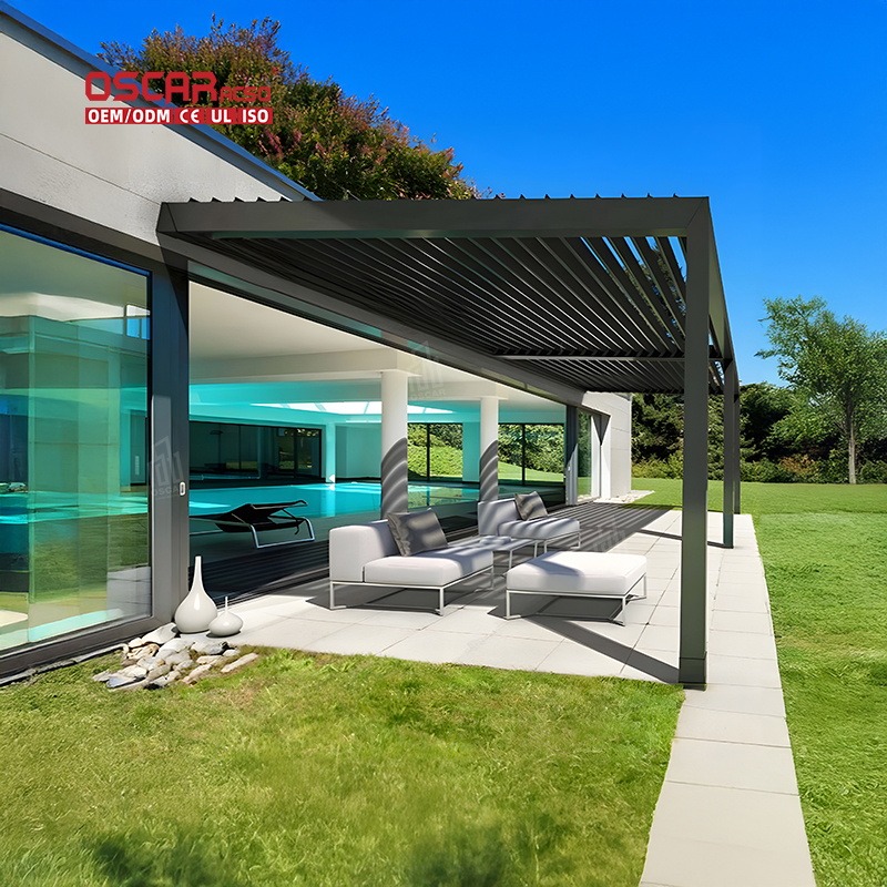 pergola with lluvored ceiling and folding glass doors