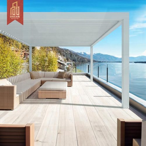 Outdoor Aluminium Pergola with Waterproof Louver Roof and Sliding Glass Doors Garden Patio Backyard Pergola