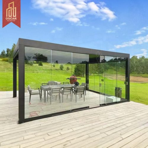 Pérgola retráctil motorizada con toldo, elegante y de primera calidad, para exteriores, patio, jardín, solárium y protección.