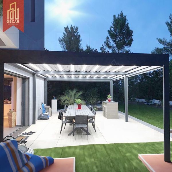 Motorised Waterproof Aluminum Pergolas with Led Lights Luxury Outdoor Gazebo Garden Patio Backyard Outdoor Shade Pergola