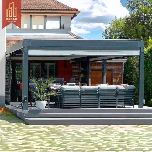 Aluminium Manual Pergola with Remote Control Sun Shade and Sliding Glass Doors Bioclimatic Modern Garden Patio Backyard Pergola