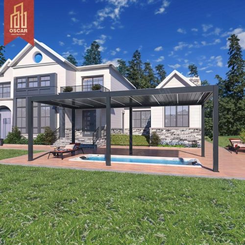 Pérgola bioclimática de lamas motorizada y automática con control remoto para jardín, terraza y balcón en Europa.