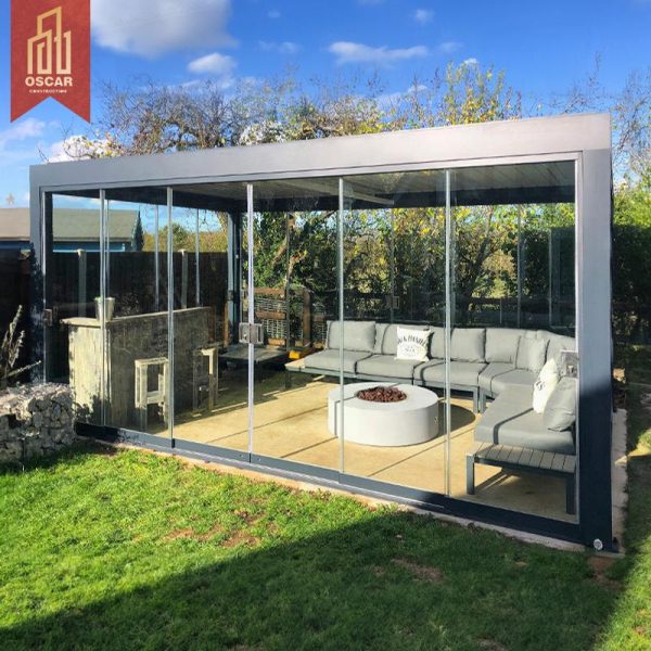 Ium Manual Pergola with Remote Control Sun Shade and Sliding Glass Doors Modern Bioclimatic Garden Outdoor Patio Balcony Pergola