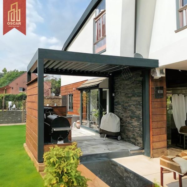 Wall – Mounted Modern Aluminium Motorized Waterproof Louvered Roof Garden Patio Balcony Outdoor Structure Shade Shelter Pergola