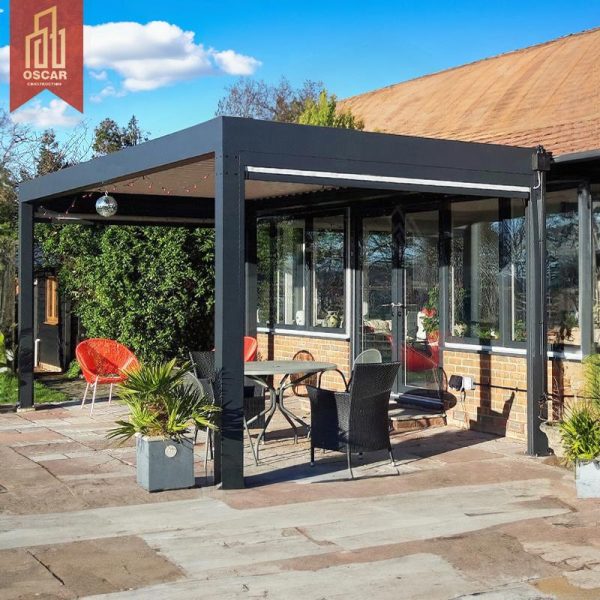 Aluminium Manual Pergola with Remote Control and Sliding Glass Doors Modern Bioclimatic Sun Shade Garden Patio Backyard Pergola