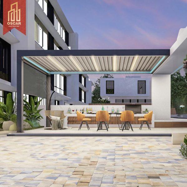 Louvered Pergola with Sliding Glass Doors Adjustable Ventilation Stylish Design Aluminium Gazebo Backyard Patio Poolside Pergola
