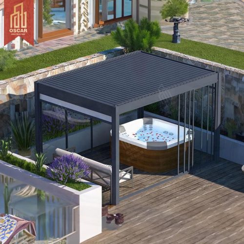 Motorized Outdoor Pergola Bioclimatic Roof System Garden Patio Backyard with Metal Shade Removal and Weather Resistance Pergola