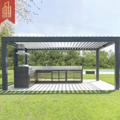 Spacious Bioclimatic Design Aluminium Contemporary Pergola with Sliding Glass Doors Garden Patio Backyard Pergola