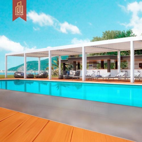Pérgola retráctil motorizada con toldo, elegante y de primera calidad, para exteriores, patio, jardín, solárium y protección.