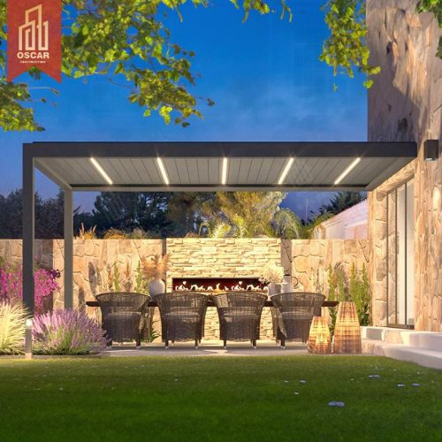New Design Motorized Aluminum Louvered Pergola with Sliding Glass Roller Blinds Garden Patio Poolside Luxury Modern Pergola