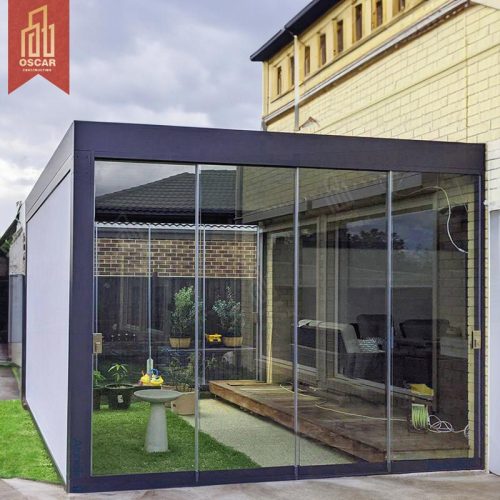 Spacious Aluminium Gazebo Bioclimatic Design Contemporary Pergola Sliding Glass Doors Outdoor Garden Patio Relaxing Pergola