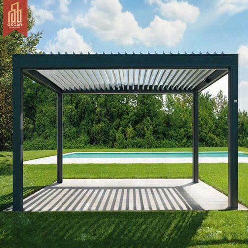 Modern Aluminum Waterproof Louvered Gazebo with Curtains Terrace Roof Outdoor Patio Pergola