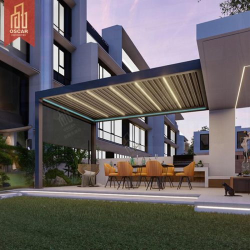 Motorized Aluminium Outdoor Automatic Shading System Louvered Pergola Roof with Light Restaurant Patio Garden Pergola
