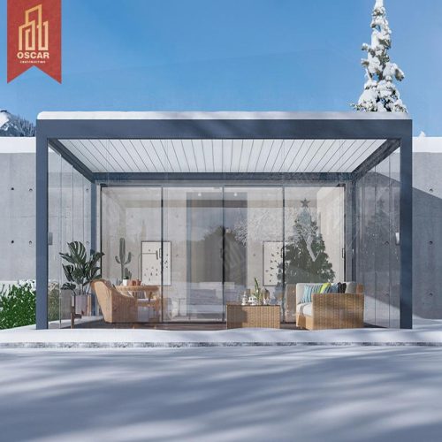 Outdoor Aluminium Pergola with Waterproof Louver Roof and Sliding Glass Doors Garden Patio Backyard Pergola