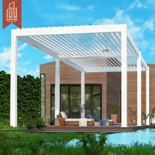 Spacious Bioclimatic Aluminium Gazebo Contemporary Pergola with Sliding Glass Doors Garden Patio Backyard Pergola
