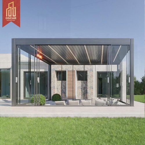 Outdoor Aluminium Pergola with Waterproof Louver Roof and Sliding Glass Doors Garden Patio Backyard Outdoor Shelter Pergola