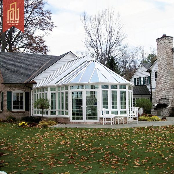 Popular Hot Bent Glass Arc Sunroom with Triangular Roof Design Sliding Open Patio Sunroom Hotel Dining Tables Sunroom