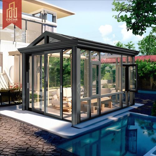 Luxury Outdoor Metal and Glass Pavilion For Garden Backyard White Tempered Glass Greenhouse For Sunlight Sale Sunroom