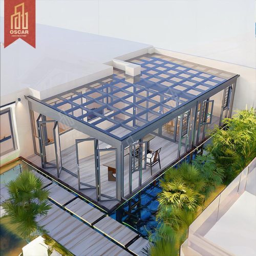 Popular Hot-Bent Glass Arched Sunroom with Triangular Roof Design Sliding Open Patio Sunroom Hotel Dining Tables Sunroom