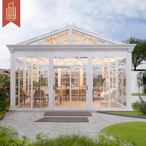 Popular Hot – Bent Curved Glass Sliding Open – Style Patio Sunroom with Triangular Roof Suitable Hotel Dining Tables Sunroom