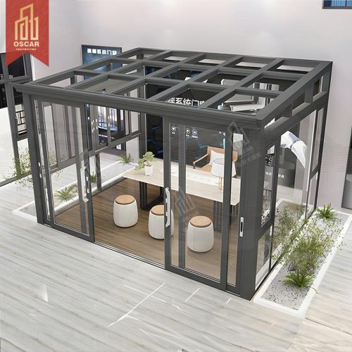Popular Hot Bent Glass Arc Sunroom with Triangular Roof Sliding Open Patio and Hotel Dining Tables Sunroom