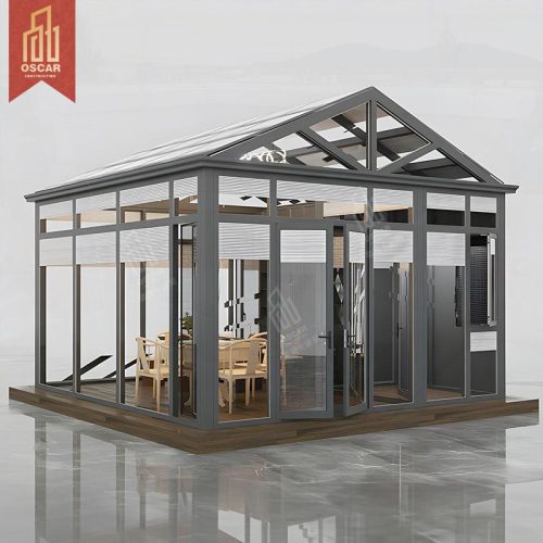 Popular Hot Bent Curved Glass Sliding Open Patio Sunroom with Triangular Roof Design Hotel Dining Tables Sunroom