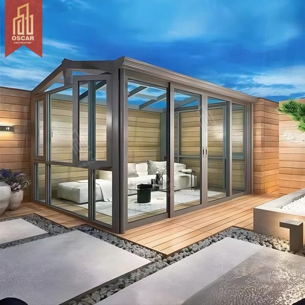 Modern Chinese Style Anticorrosive Aluminum Sunroom with Triangular Glass Roof and Laminated Glass Glass House Kits Sunroom
