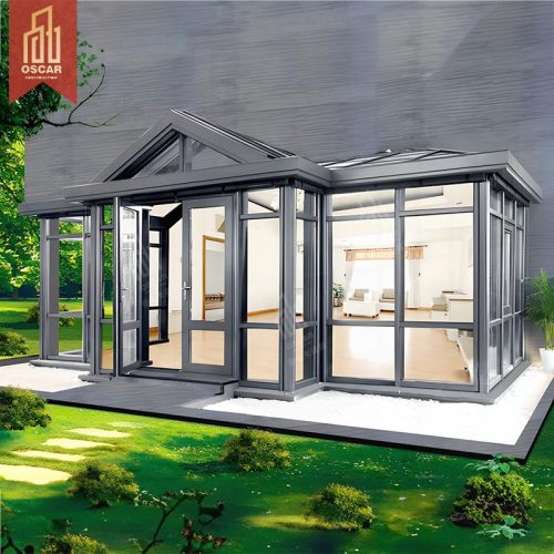 Terraza acristalada prefabricada de aluminio y vidrio de diseño chino moderno con techo triangular, jardín, patio y balcón. Proveedor de terrazas acristaladas de China.