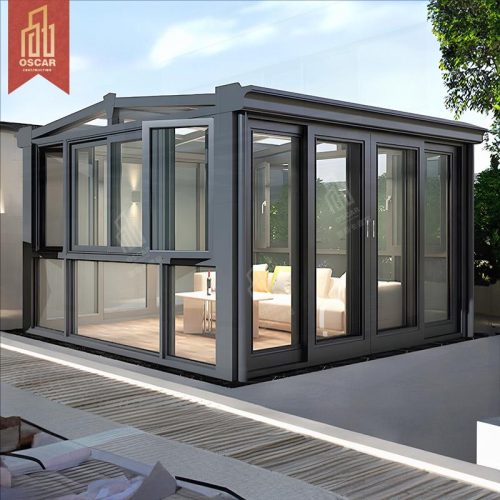 Veranda in alluminio anticorrosivo in stile cinese moderno con tetto in vetro triangolare e kit per case in vetro laminato