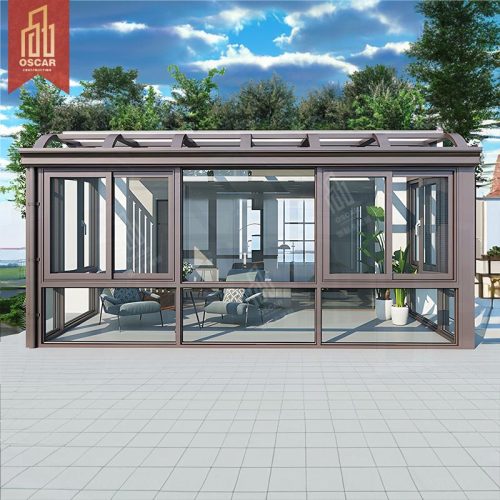 Popular Hot Bent Curved Glass Sliding Open Patio Sunroom with Triangular Roof Design Hotel Dining Tables Sunroom
