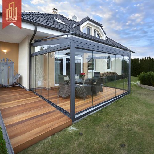Veranda in alluminio anticorrosivo in stile cinese moderno con tetto in vetro triangolare e kit per case in vetro laminato