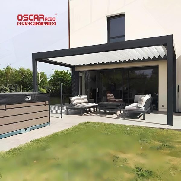 Outdoor Rain – Resistant Motorized Aluminum Frame Louvered Structure with Led Lighting Garden Patio Backyard Retractable Pergola