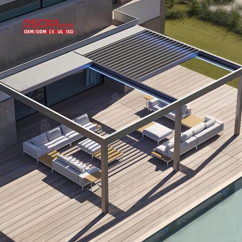 New Design Outdoor Waterproof Electric Louver Roof Garden Awnings with Lighting Patio Terrace Balcony Retractable Pergola