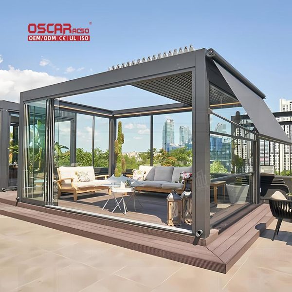Controlled Diy Adjustable Electric Aluminum 3X3 Roof Louver Pergola with Glass Door Garden Patio Backyard Retractable Pergola