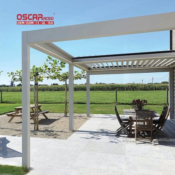 Pavilion Garden Restaurant Modern Stackable Pergola with Led Lights Bars Waterproof in Black Outdoor Use Retractable Pergola