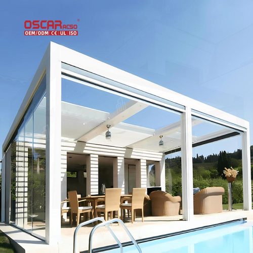 Electric Waterproof Aluminum Pergola with Side Screen Modern Designs Swimming Pools Gardens Backyards Retractable Pergola