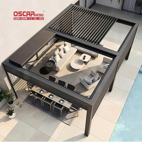 - Controlled Opening Roof Louver Bioclimatic Aluminum Pergola with Zipper Blinds Garden Patio Balcony Retractable Pergola
