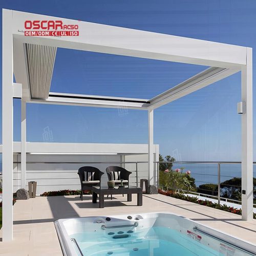 Bioclimatic Backyard Pergola with Sunshade and Ventilation Ideal Outdoor Dining Parties and Relaxing Retractable Pergola