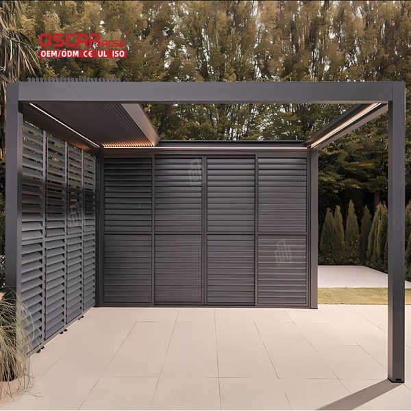 Motorized Aluminum Flat Roof Metal Pavilion Gazebo with Curtains Bioclimated Luxury Garden Patio Backyard Retractable Pergola