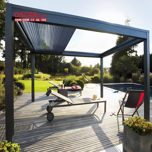 Motorized Aluminum Flat Roof Metal Pavilion with Curtains Garden Patio Backyard Bioclimated Luxury Shelter Retractable Pergola