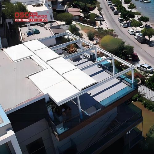 Modern Aluminium Louver Glass Outdoor Pergola Garden Patio Backyard with Motorized Bioclimatic Function Retractable Pergola