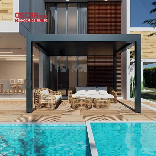 Motorized Bioclimatic Aluminium Louvered Pergola with Led Strip Lighting Modern Design Garden Patio Backyard Retractable Pergola