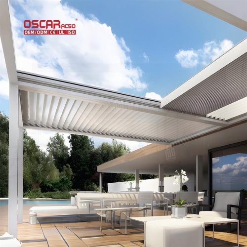 Outdoor Automatic Shutter Pergola with Rain Sensor Backyard Terrace Garden Aluminum Shutter Canopy Retractable Pergola