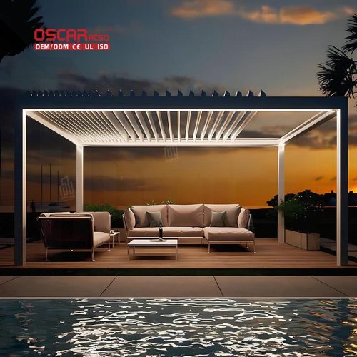 Waterproof Motorized Bioclimatic Louvered Roof Awning Systems Garden Patio Balcony Retractable Pergola