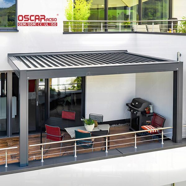 – Mounted Shade Structure with Solar – Powered Lighting Ideal Patio Garden and Poolside Outdoor Relaxation Retractable Pergola