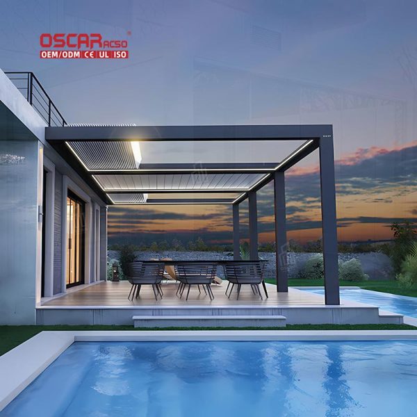 Waterproof Louvered Outdoor Patio Shade Structure Backyard and Poolside Aluminum Metal Frame Retractable Pergola