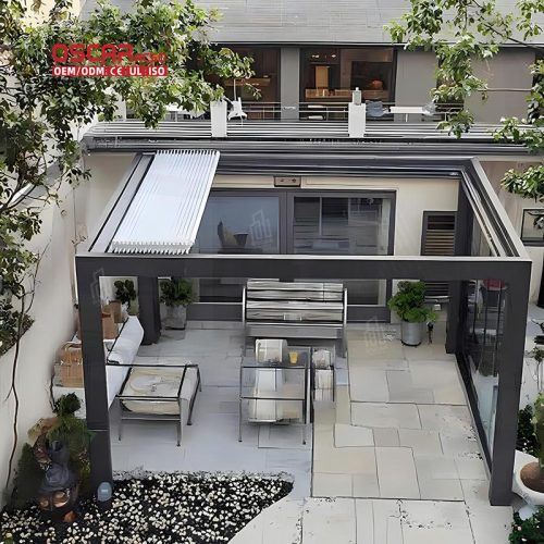 Aluminium Louvered Roof with Led Light Waterproof Motorized Garden Patio Backyard Outdoor Shading Shelter Retractable Pergola