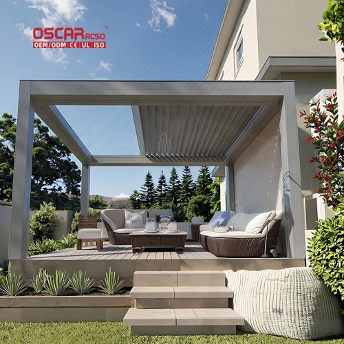 Waterproof Motorized Aluminium Louvres Outdoor Sun Awning Bioclimatic Pergola Ideal Garden Patio Balcony Retractable Pergola