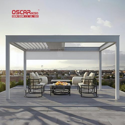 Controlled Louvered Systems Balcony Roof Electric Pergola and Gazebo in Outdoor Spaces Patio Gardens Retractable Pergola