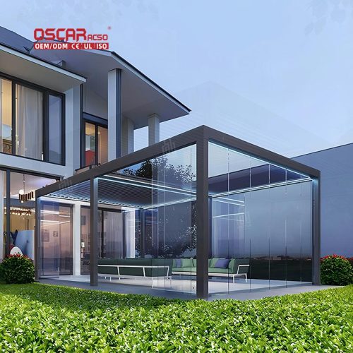 Waterproof Motorized Solar Outdoor Covered Structure with Side Curtain Garden Patio Backyard Retractable Pergola
